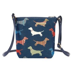 Signare Tapestry Dachshund Dog Pattern Navy Blue Crossbody Bag Small Purse